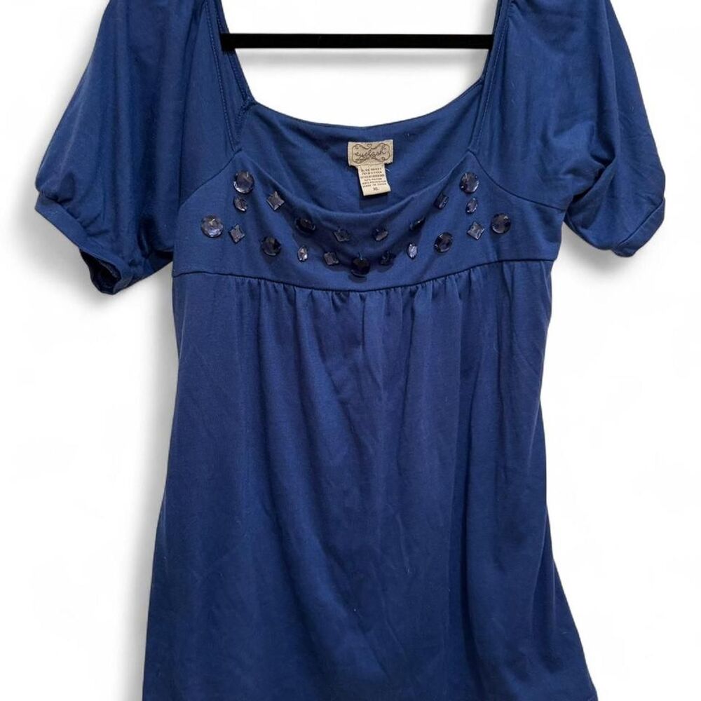 Women's Boutique Vintage Y2K Rare Unique 2000s Coquette Navy Blue Jewel Blouse